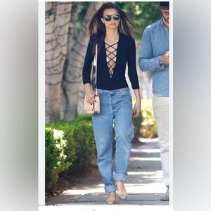 Reformation Avalon Black Velvet Lace Up Bodysuit Small